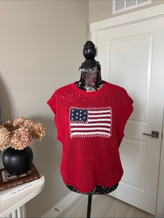 Thread & Supply Tops - Thread & Supply Red Crochet Knit Top with American Flag Patch